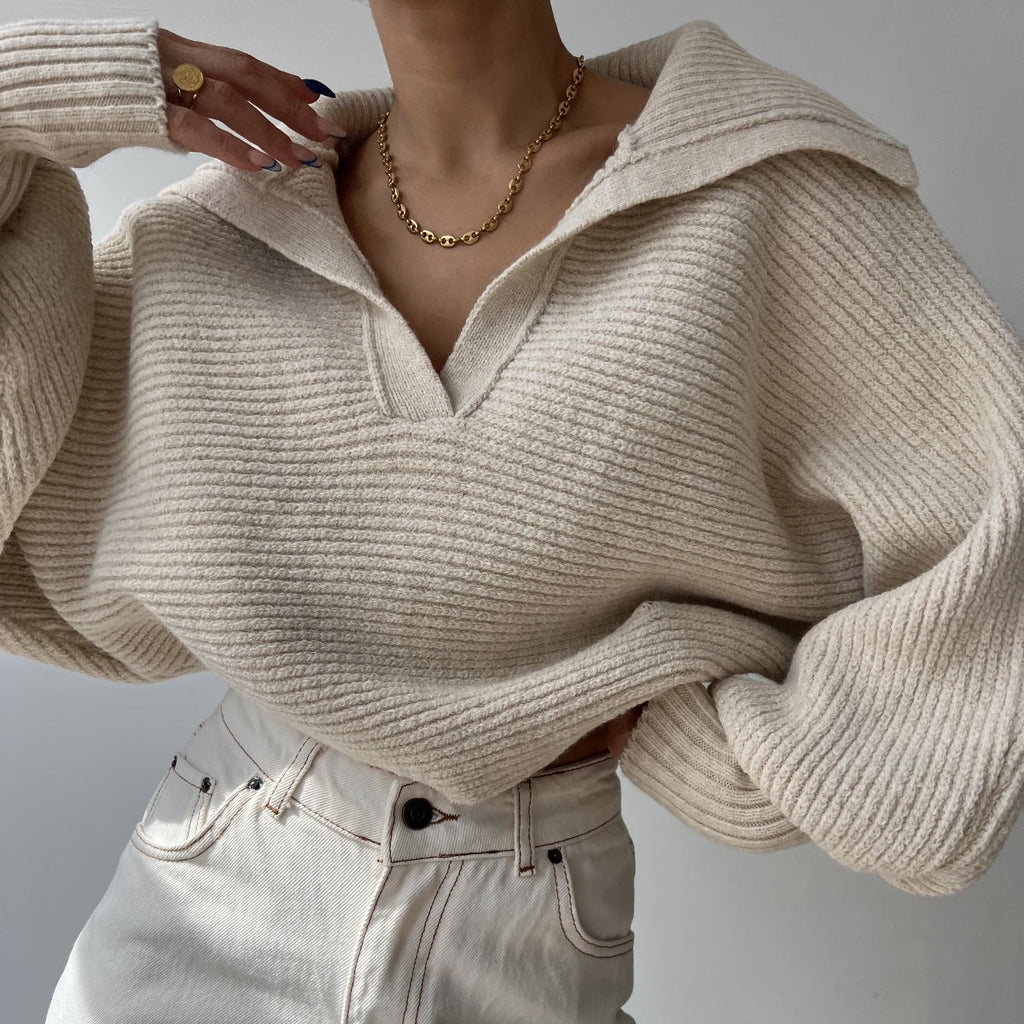 Damen nan Grobstrick-Pullover mit weitem Kragen und V-Ausschnitt