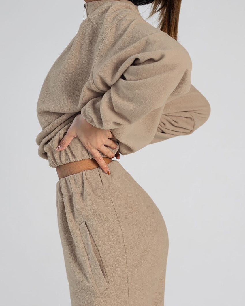 Damen nan kurz geschnittenes Thermo-Fleece-Set mit Halbfront-Reißverschluss und hohem Komfortbund