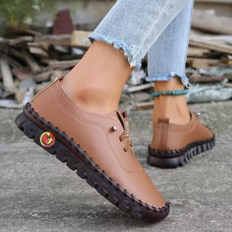 Damen nan handgenähte Mokassin-Loafer mit elastischer Schnürung gepolstertem Komfortfußbett und profilierter Gummisohle
