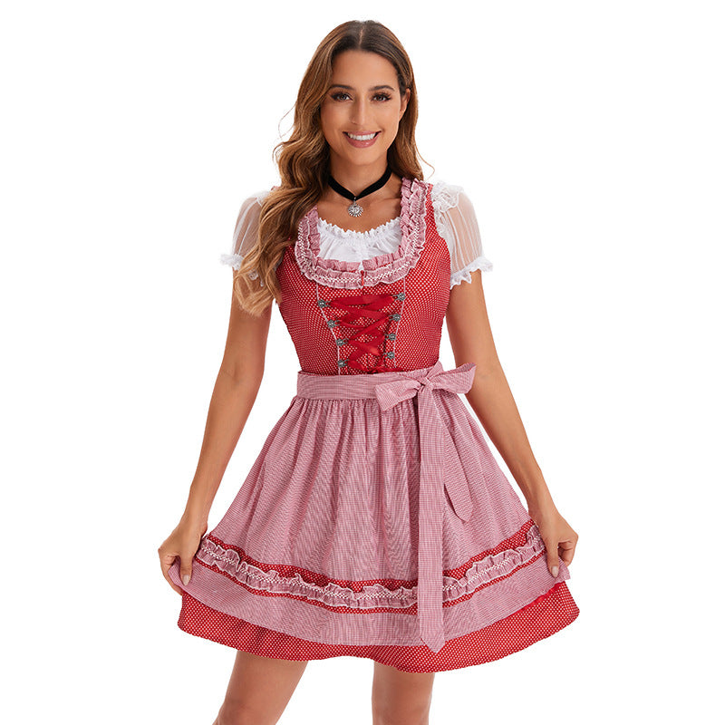 Damen nan kurzes traditionelles Dirndlkleid mit Korsett-Schnürung Spitzendetails und bindbarer Schürze