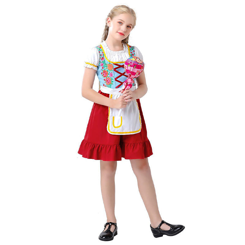 Damen nan nostalgisches Trachten-Kostümkleid mit geschnürtem Mieder, Rüschenkragen und abnehmbarer Schürze