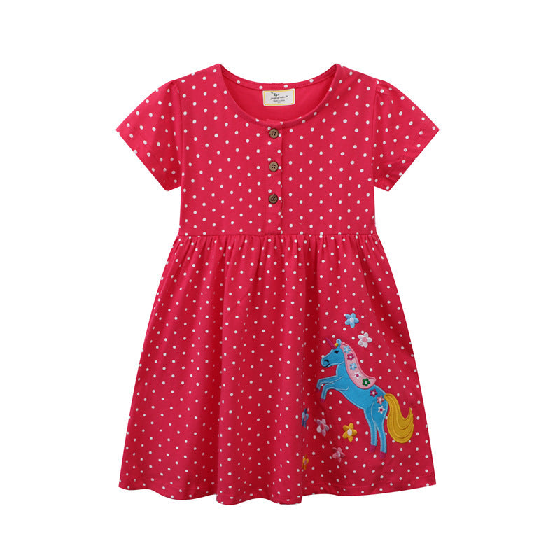 Mädchen Kleid mit niedlicher Pferdemotiv und Punkten