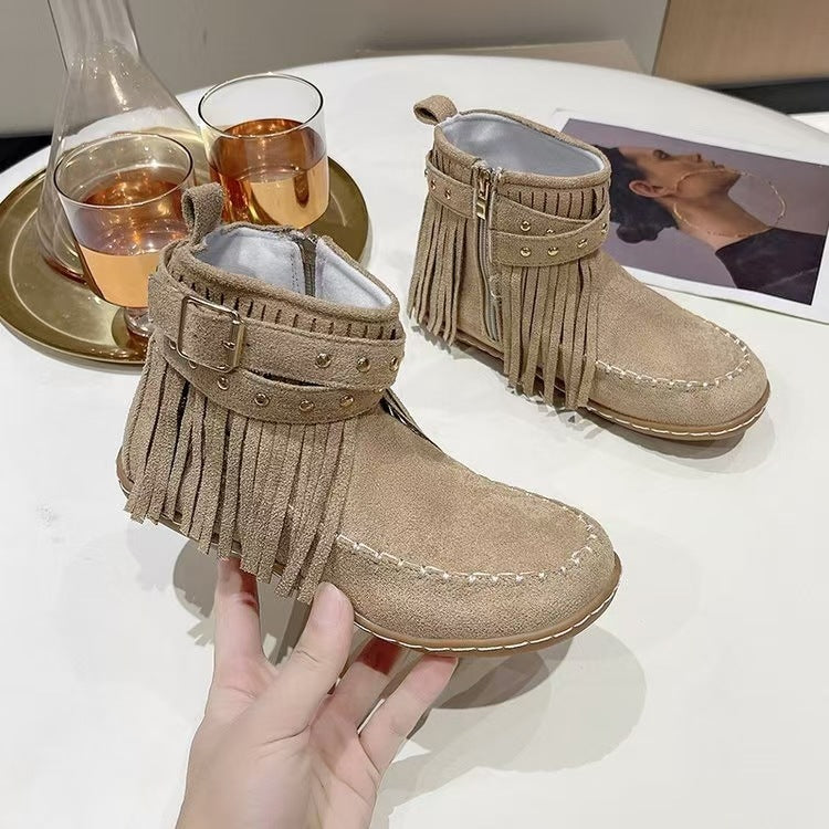Damen nan Fransen-Mokassin-Stiefelette mit Ziergurt, Schnalle und weicher Gummisohle