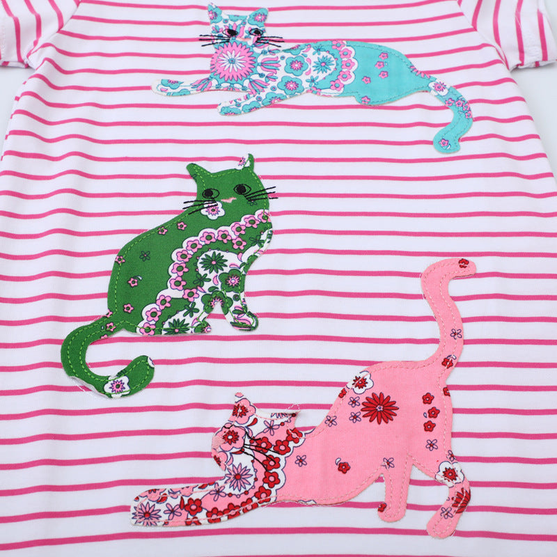 Mädchen gestreiftes Kurzarmkleid mit bunten Katzenmotiven