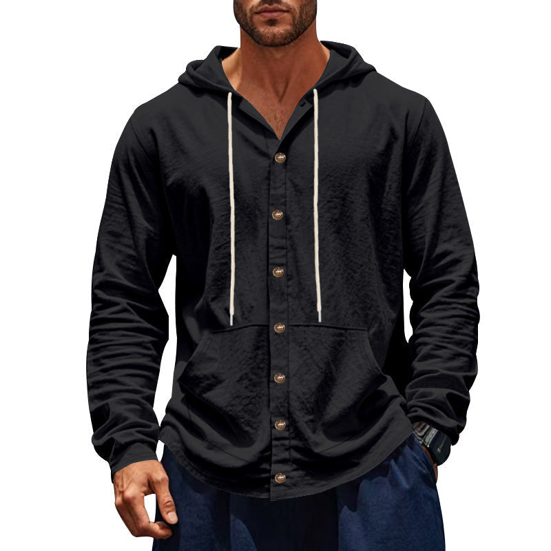 Herren nan figurbetonte Kapuzenhemd-Jacke aus Baumwollmix mit Druckknopfleiste und Kängurutasche