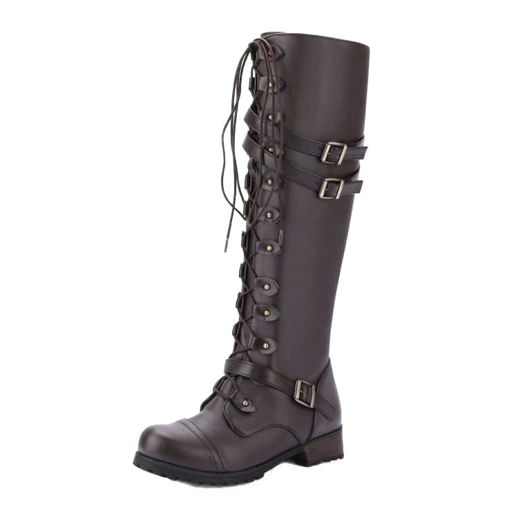 Damen nan kniehohe Schnürstiefel im Militär-Vintage Stil mit dekorativen Riemen und verstellbaren Schnallen