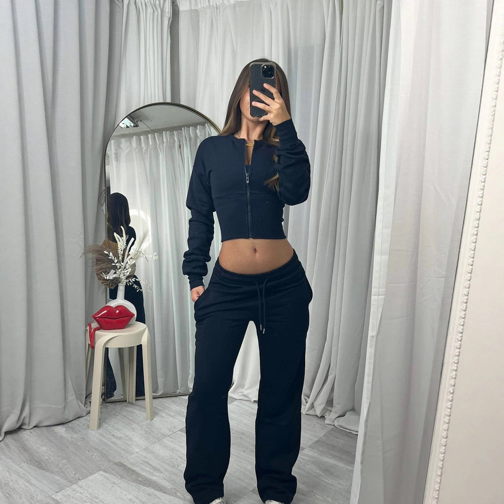 Damen nan kurzes Zip-Cropped-Shirt mit formendem Bund und breite Relax-Sweatpants mit Tunnelzug