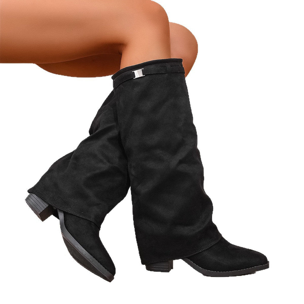 Damen nan knielange Slouch-Stiefel mit spitzer Zehenpartie und niedrigem Blockabsatz