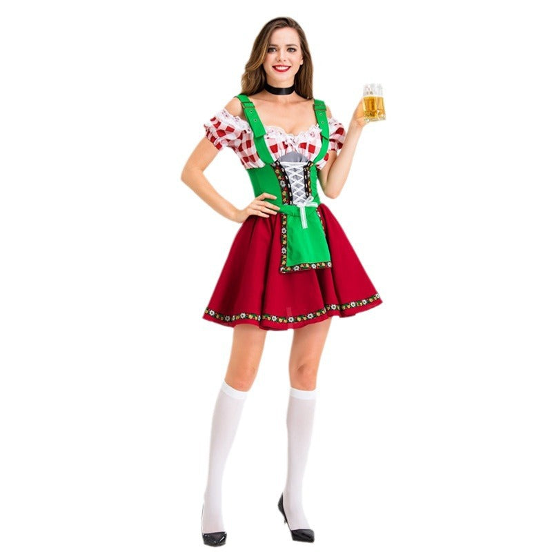 Damen nan Party-Dirndl Minikleid im Oktoberfeststil mit verstellbaren Trägern, Spitzenbesatz und bestickter Schürzenapplikation