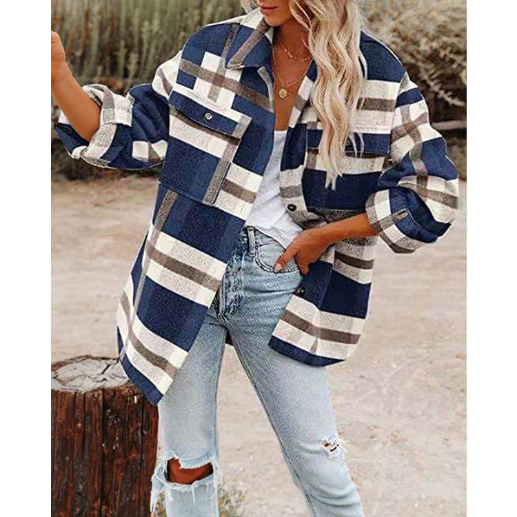 Damen nan karierte Overshirtjacke mit Brusttaschen und lockerer Passform