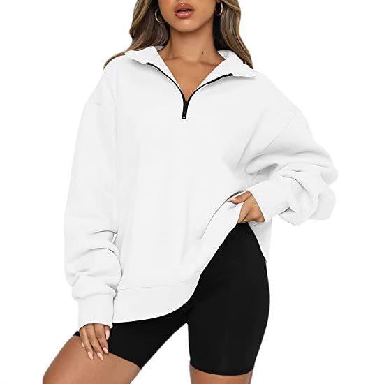 Damen nan oversized Sweatshirt mit halbem Reißverschluss, Stehkragen und überschnittener Schulter