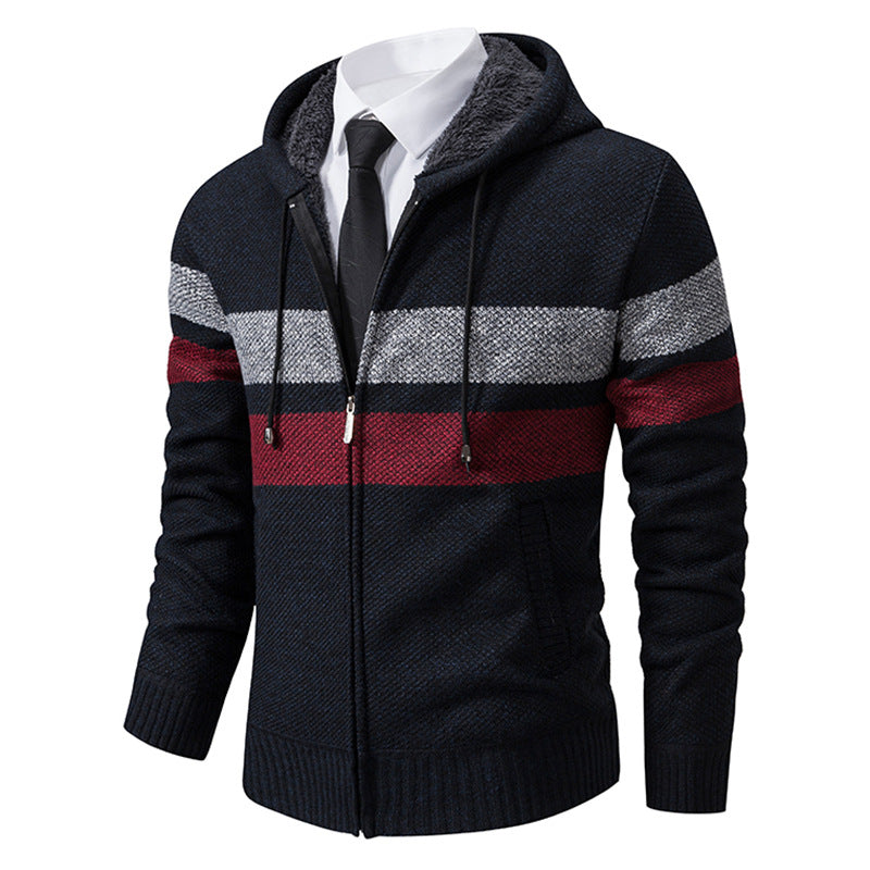 Herren nan gefütterte Kapuzen-Strickjacke mit Teddyfutter, durchgehendem Reißverschluss und kontrastierenden Streifen