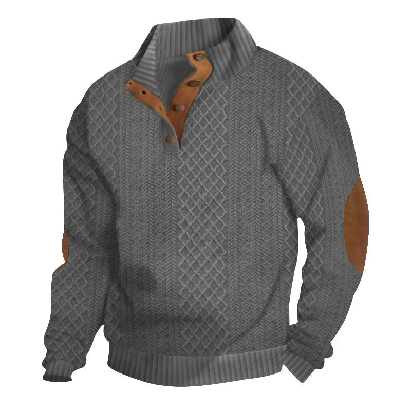 Herren nan grobstrickpullover mit Stehkragen, Knopfleiste und Ellbogenpatches