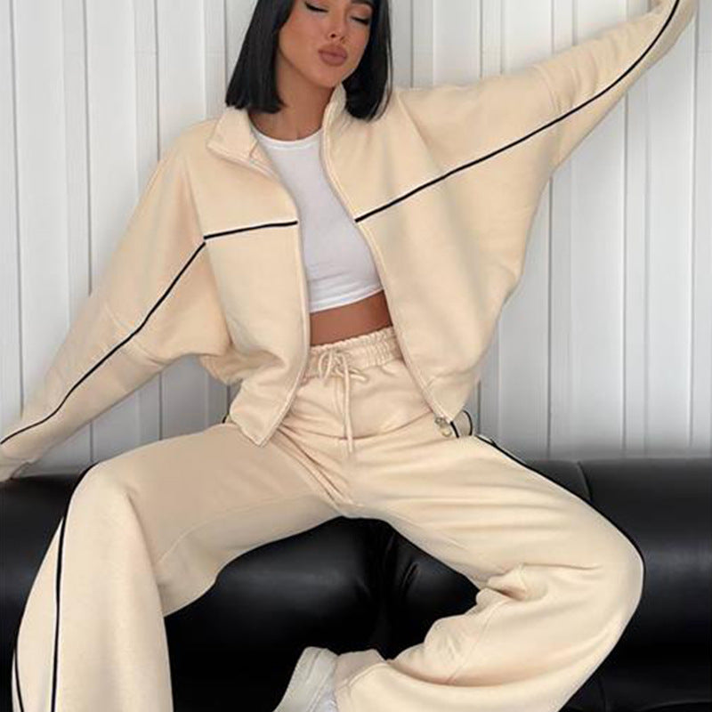 Damen nan Oversize Trainingsanzug Set mit Reißverschluss hohem Kragen und Kontrastpaspeln