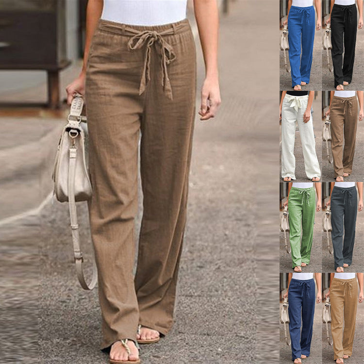 Damen nan lässige Leinenmix Weitein Hose mit Kordelzug