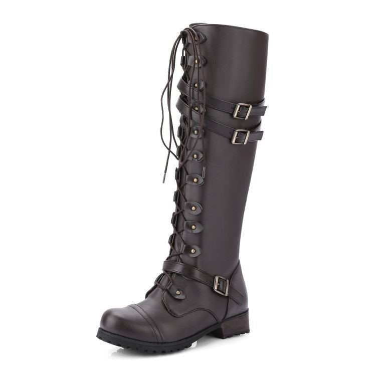 Damen nan kniehohe Schnürstiefel im Militär-Vintage Stil mit dekorativen Riemen und verstellbaren Schnallen