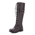 Damen nan kniehohe Schnürstiefel im Militär-Vintage Stil mit dekorativen Riemen und verstellbaren Schnallen