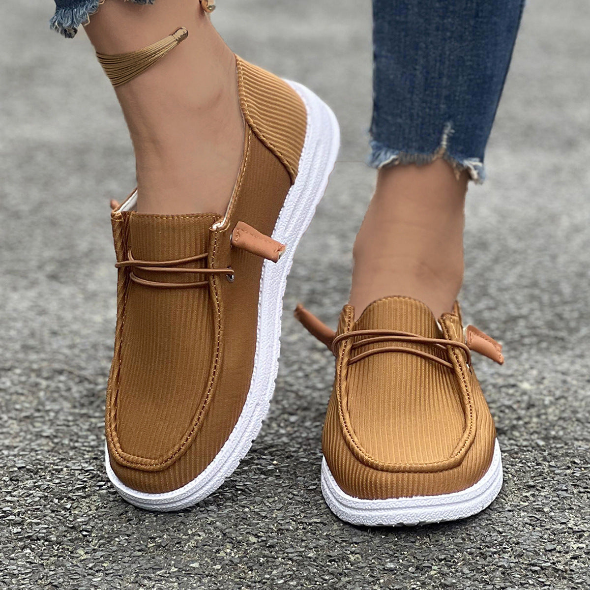 Damen nan lässige Slip-On Sneaker-Halbschuhe mit geripptem Textilobermaterial und elastischer Schnürung