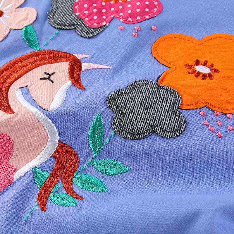 Mädchen Baumwoll-Kleid mit handgestickter Einhorn-Applikation
