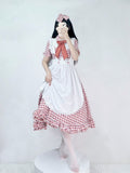 Damen nan vintage-inspiriertes Lolita-Kleid mit Karomuster Volants und abnehmbarer Schürze