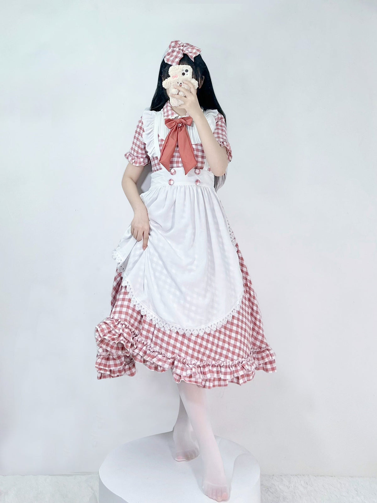 Damen nan vintage-inspiriertes Lolita-Kleid mit Karomuster Volants und abnehmbarer Schürze