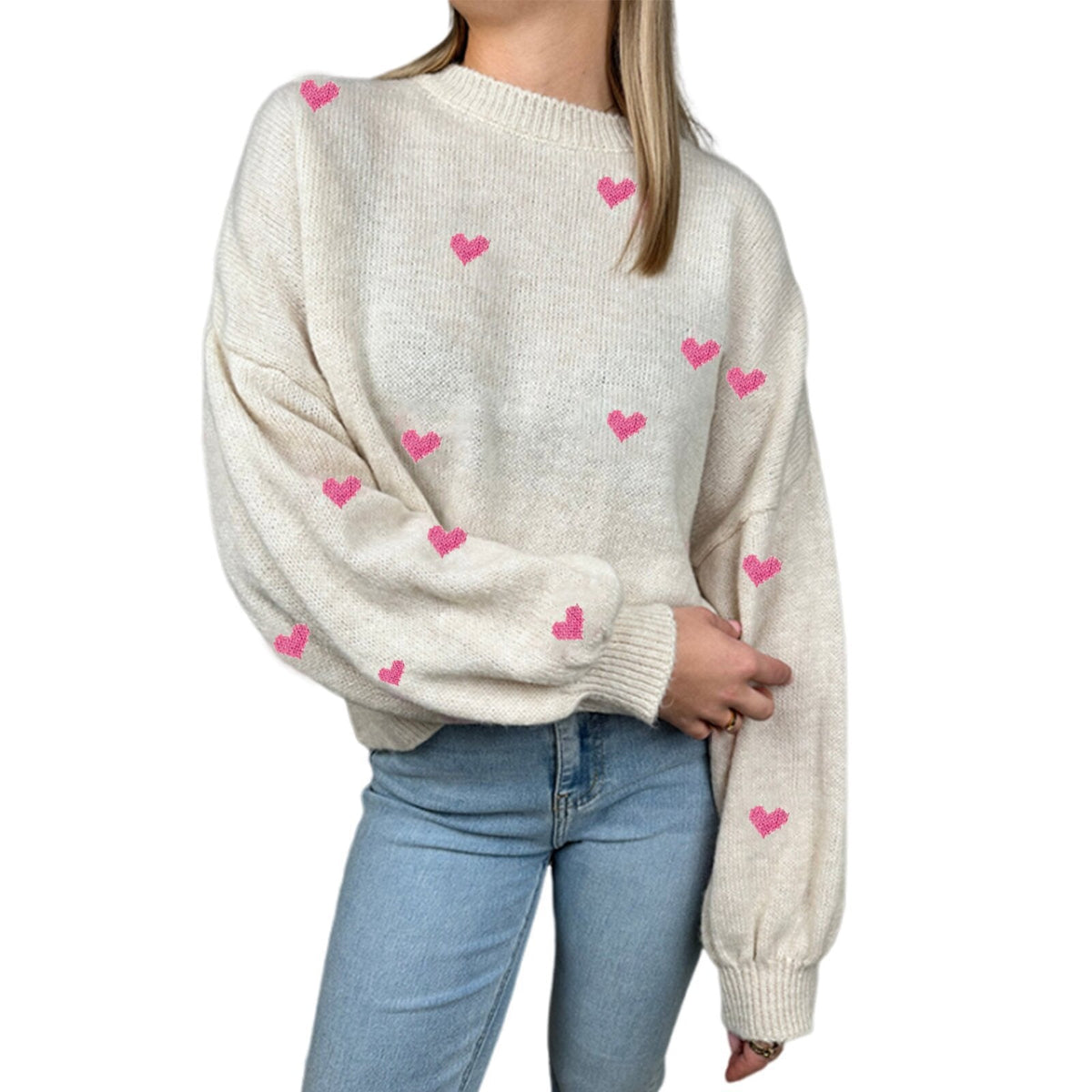 Damen nan oversized Strickpullover mit Herzintarsien und Ballonärmeln