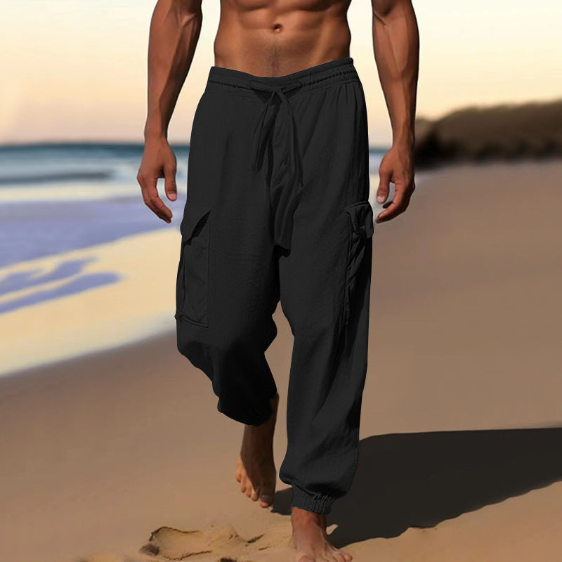 Herren nan luftige Leinen-Mix Strandhose mit Cargo-Taschen und elastischem Saum