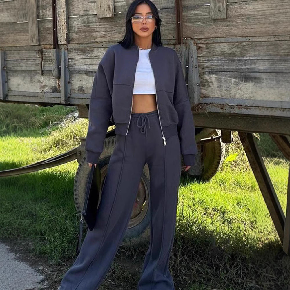 Damen nan Oversize Reißverschlussjacke mit weiter High-Waist Loungehose Set