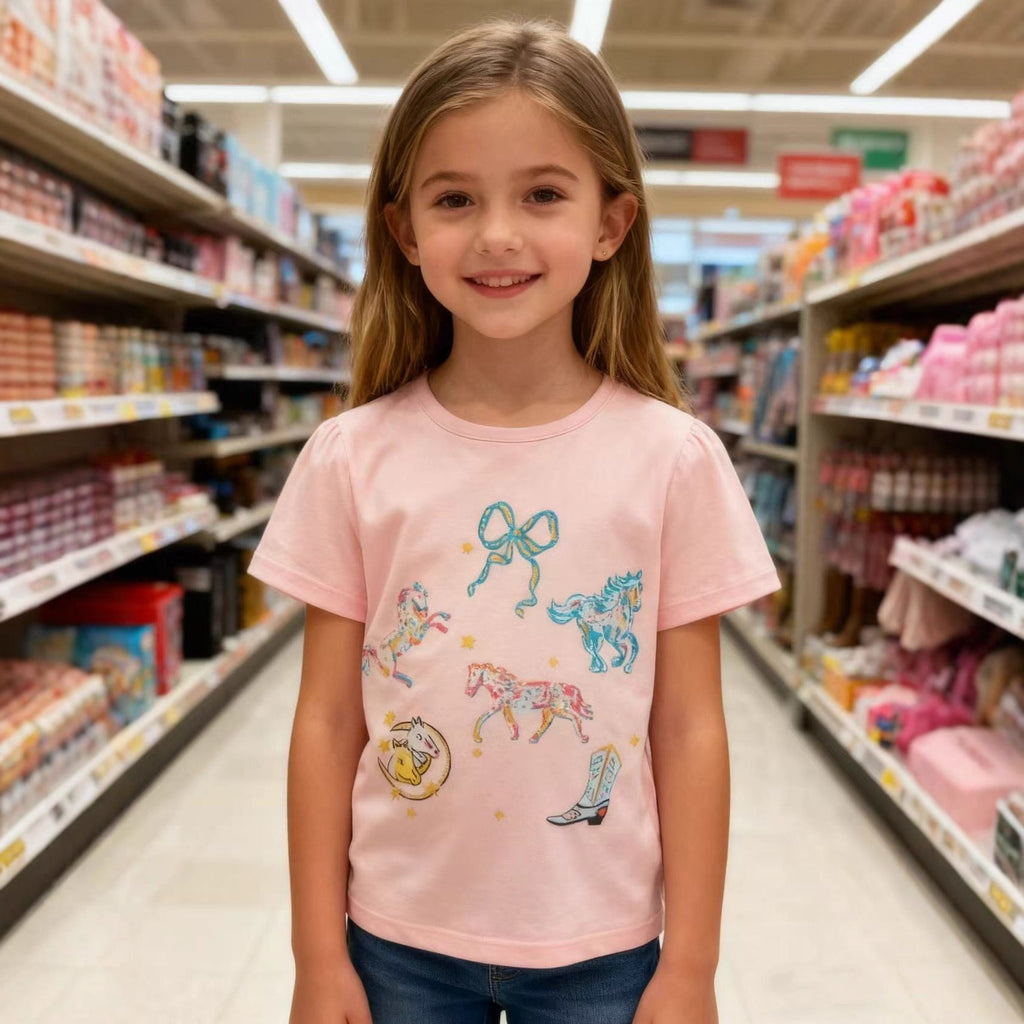 Mädchen T-Shirt mit buntem Pferdedruck