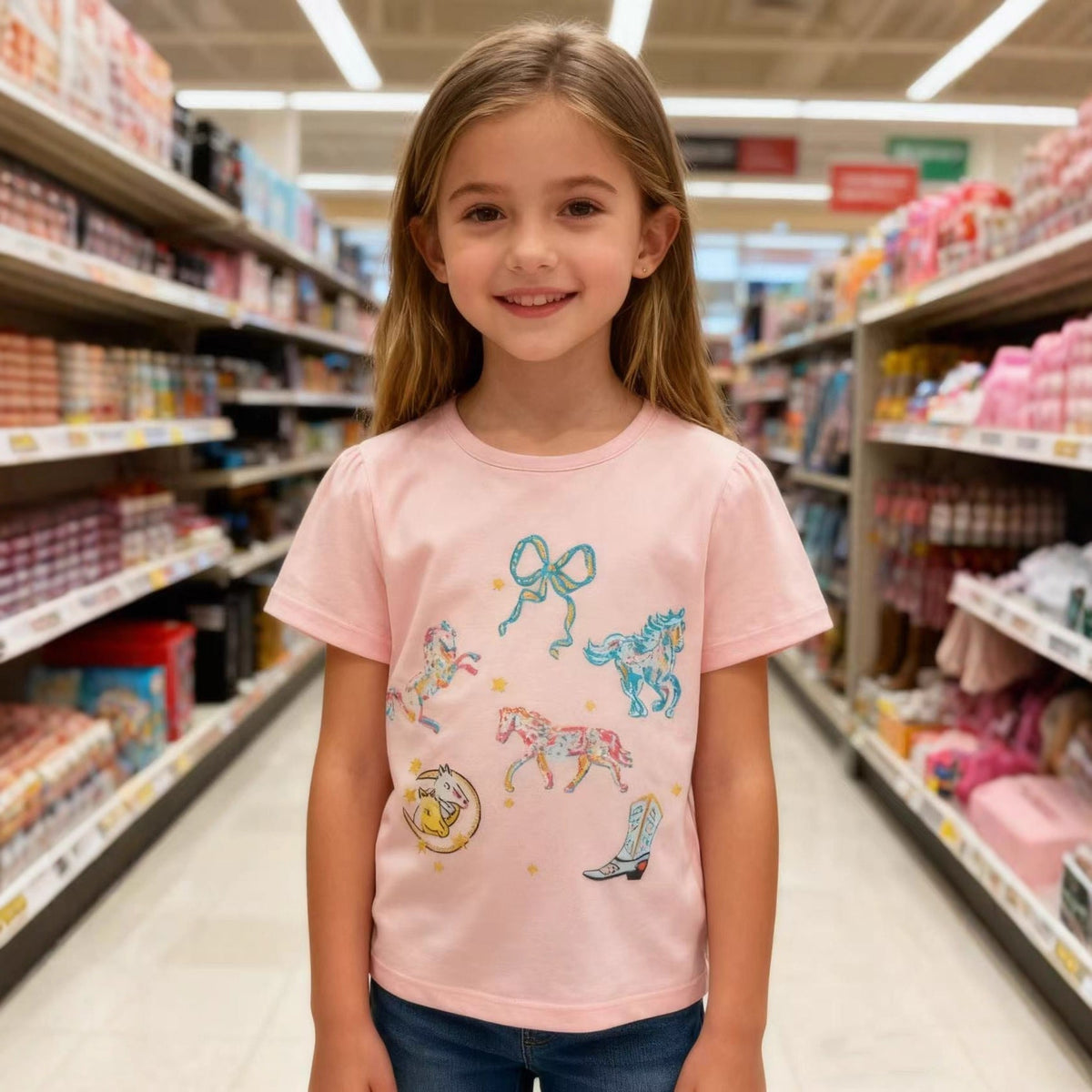 Mädchen T-Shirt mit buntem Pferdedruck