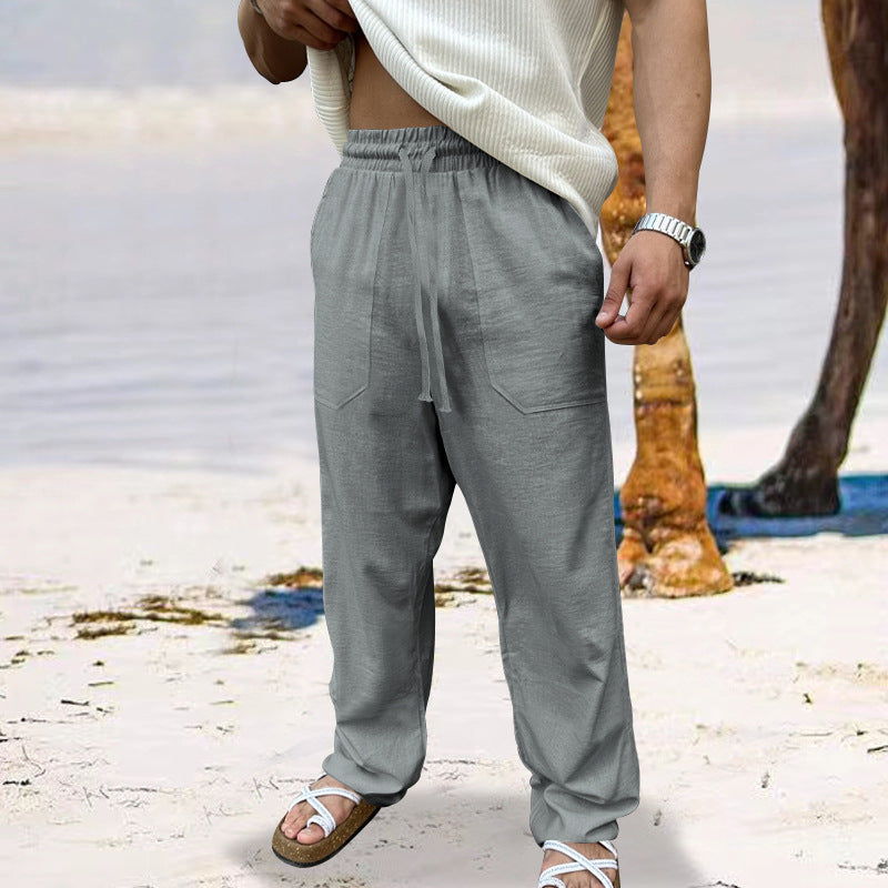 Herren nan luftige Leinen-Relaxhose mit geradem Bein, aufgesetzten Fronttaschen und elastischem Tunnelzug