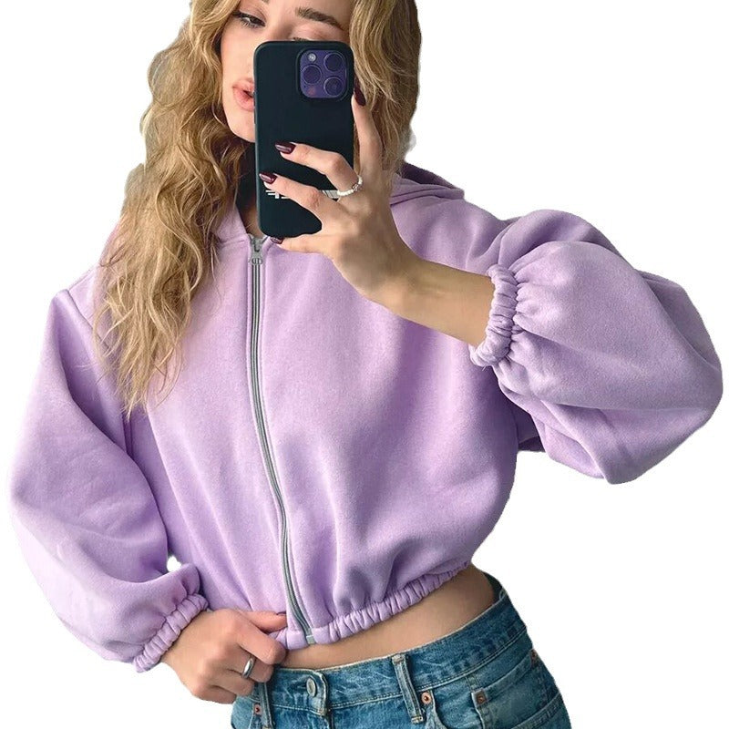 Damen nan oversized Kapuzenjacke kurz geschnitten mit elastischem Saum und Ballonärmeln