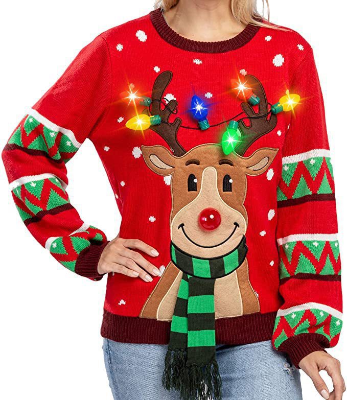 Damen nan weihnachtlicher Strickpullover mit Rentierapplikation integrierter Lichterkette und dreidimensionalem Nasenpompom