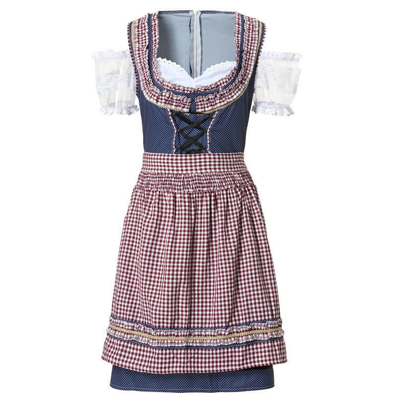 Damen nan traditionelles Dirndlkleid mit kariertem Schürzenrock, Schnürung und Spitzenärmeln