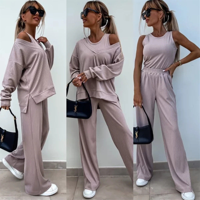Damen nan elegantes Rippstrick-Zweiteiler Lounge-Set mit einseitigem Schulterfreischnitt und weitem Palazzo-Hosenbein