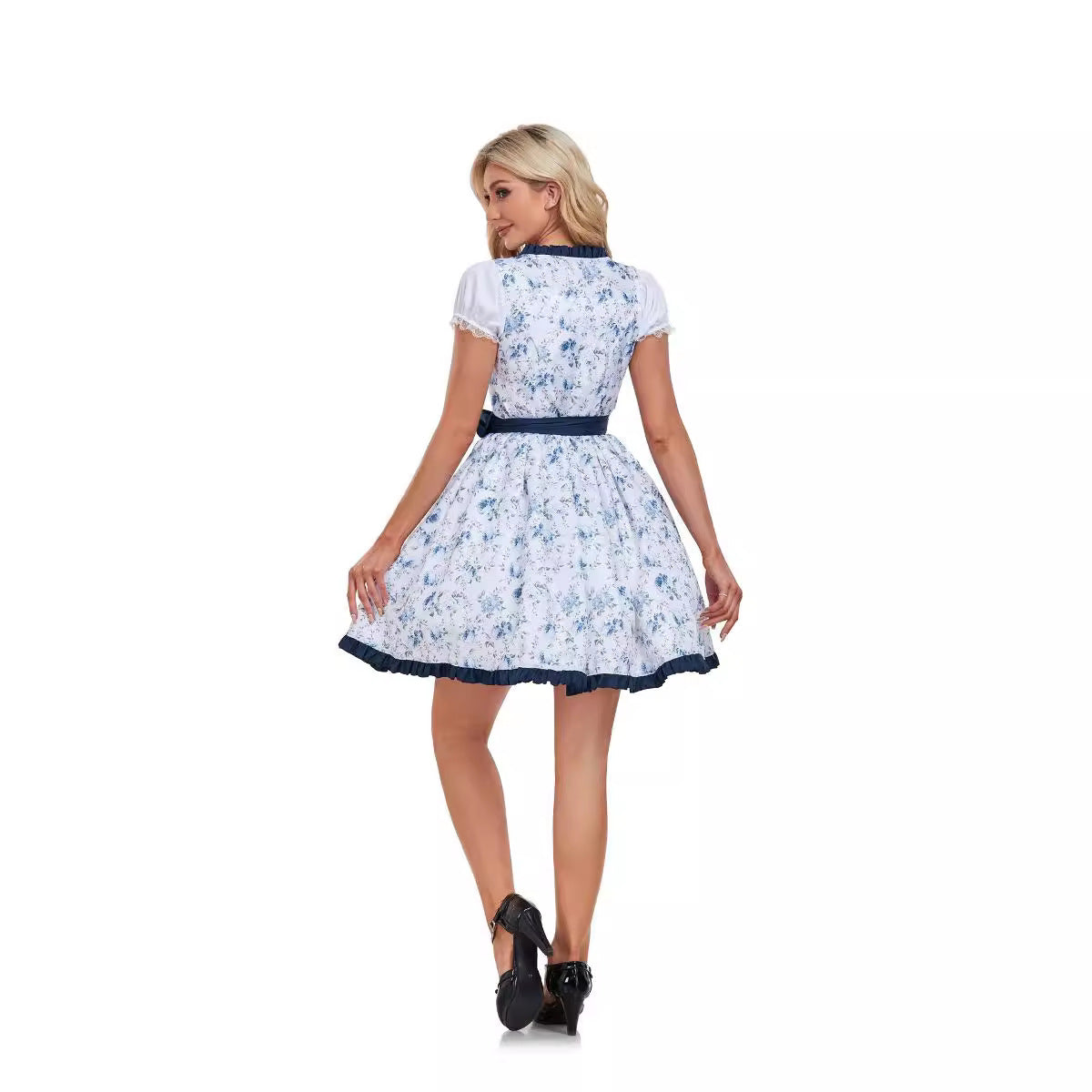 Damen nan kurzes traditionelles Dirndl mit Schnürung Spitzenbesatz Puffärmel und Schürze