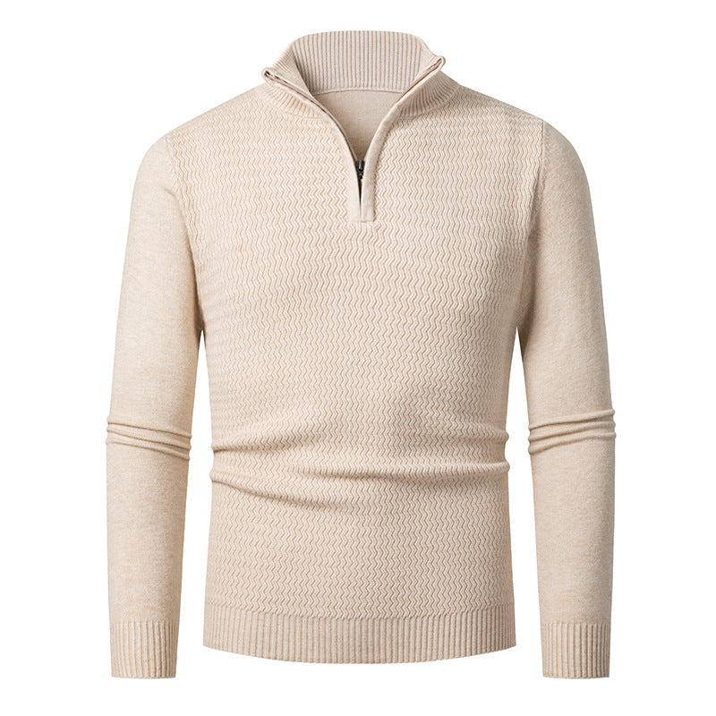 Herren nan Feinstrick-Halbzip-Pullover mit strukturierter Wellenoptik und Stehkragen