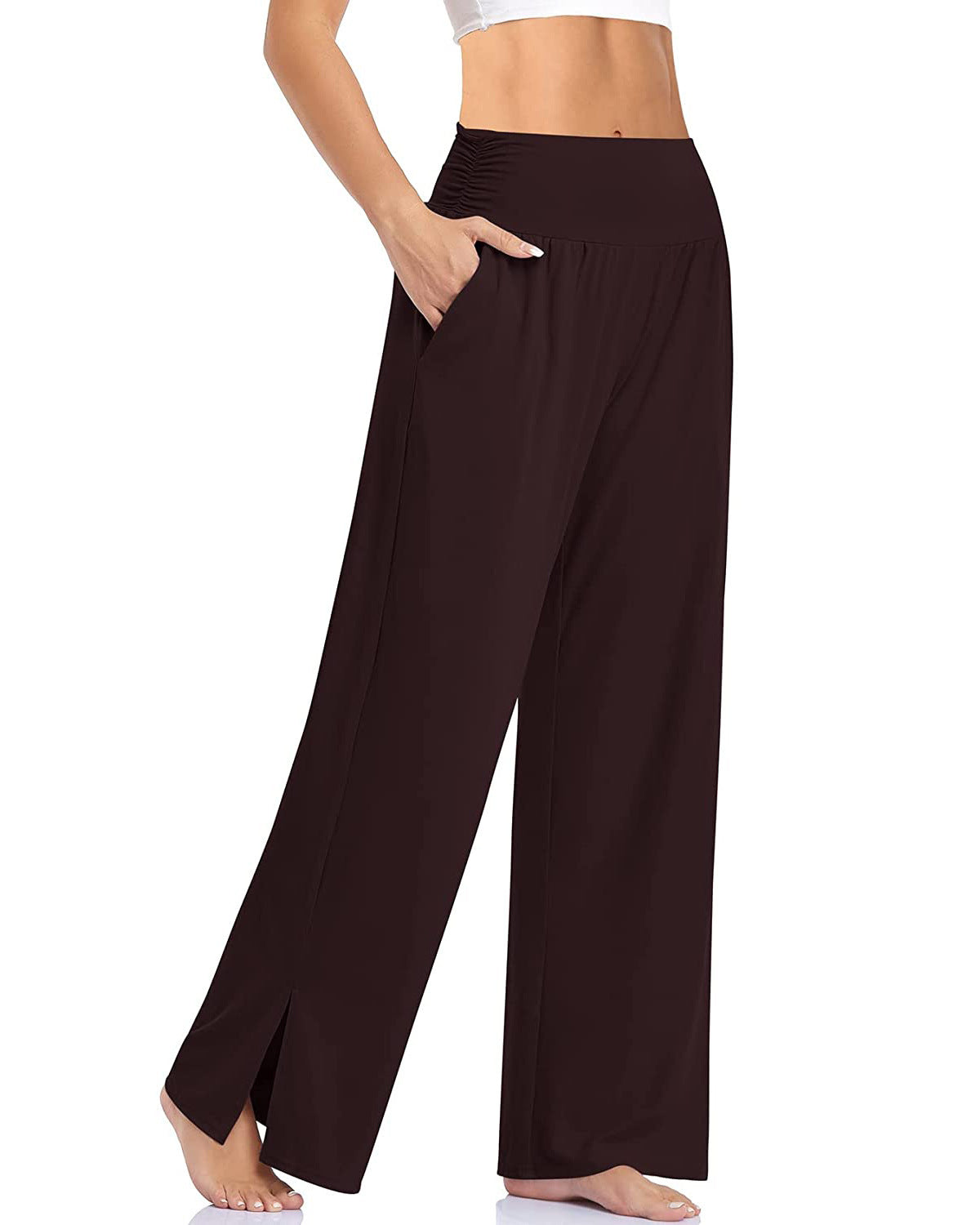 Damen nan weite Yogahose mit hohem Komfortbund, seitlichen Eingrifftaschen und seitlichem Bein-Schlitz