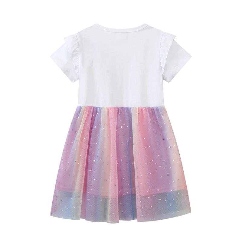 Mädchen Tüllkleid mit Einhorn-Applikation und buntem Glitzertüll