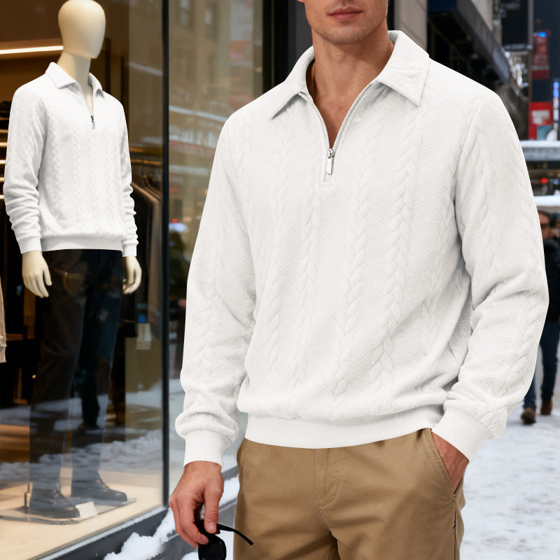 Herren nan strukturierter Strickpullover mit halbem Reißverschluss, Polokragen und Zopfmuster