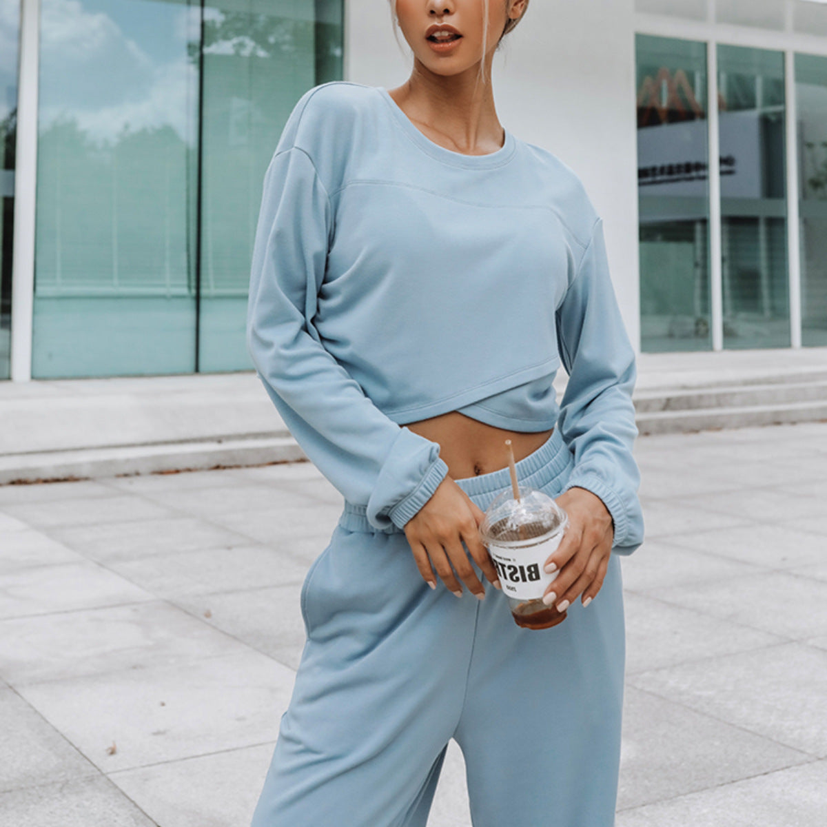 Damen nan weites Lounge-Hosen-Set mit hohem Komfortbund und kurzem Sweatshirt
