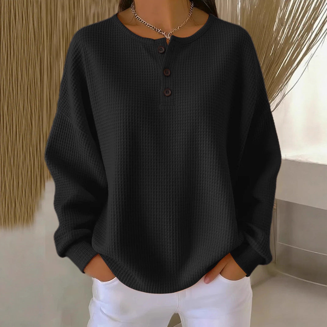 Damen nan Oversized Waffelstrick Henley-Pullover mit Knopfleiste und abgerundetem Saum