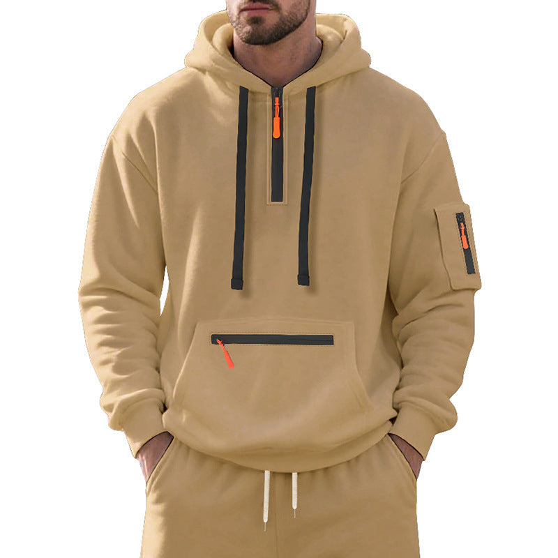 Herren nan technischer Freizeit-Hoodie mit kurzem mittigem Reißverschluss, Reißverschluss-Kängurutasche und Ärmeltasche