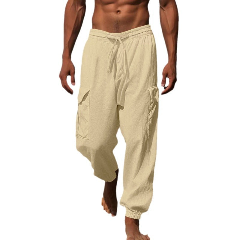 Herren nan luftige Leinen-Mix Strandhose mit Cargo-Taschen und elastischem Saum