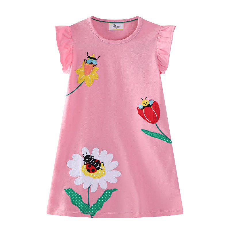 Mädchen Baumwollkleid mit fröhlichem Blumen- und Insektenmotiv