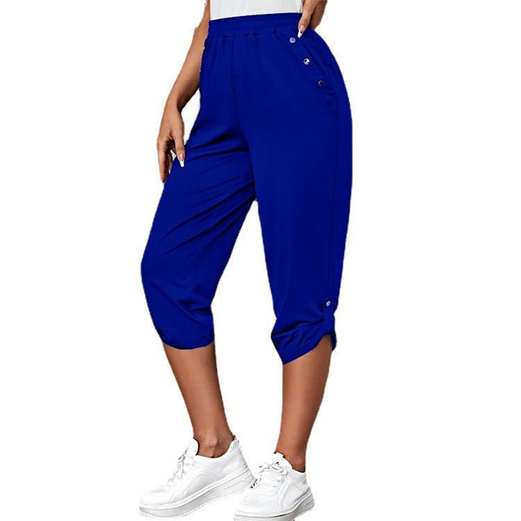 Damen nan lässige dreiviertellange Hose mit elastischem Bund, Eingrifftaschen und krempelbarem Saum