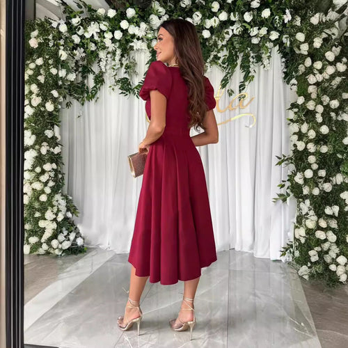 Damen A-Linie Kleid mit Puffärmeln und schmalem V-Ausschnitt Selmira