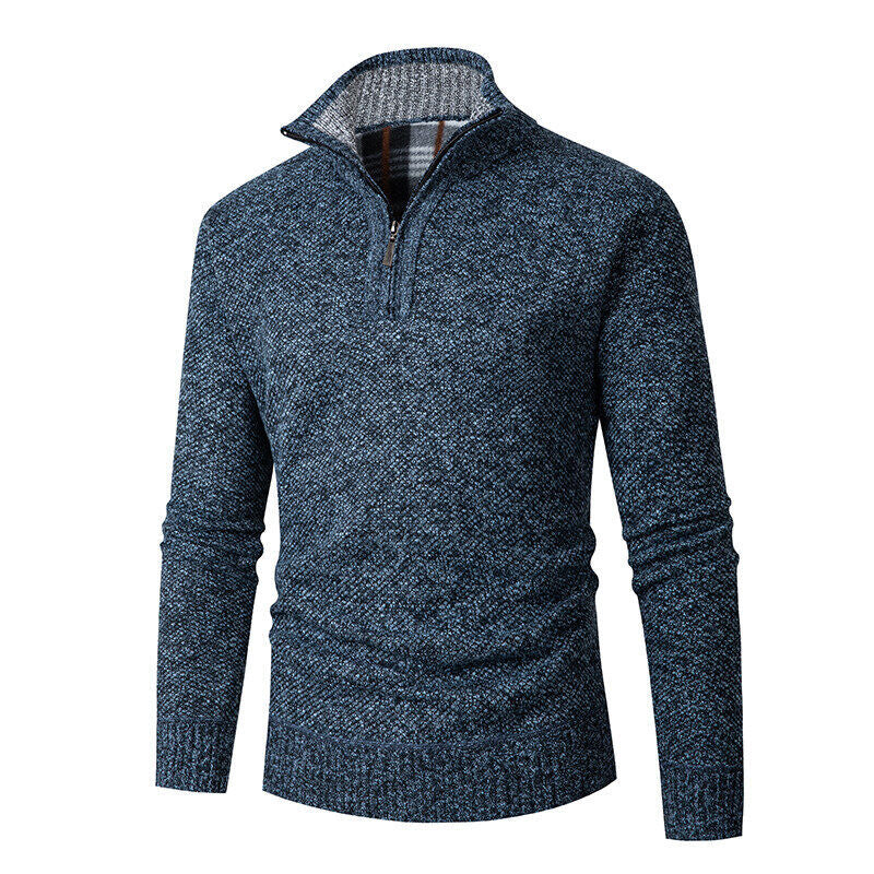 Herren nan grobgestrickter Halfzip-Pullover mit Stehkragen und karierter Krageninnenseite