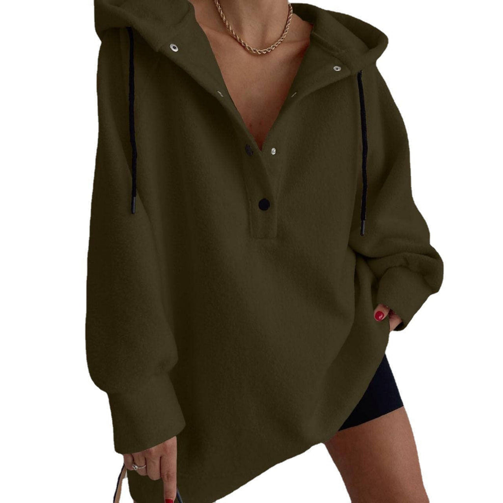 Damen nan kuscheliges Kapuzen-Fleece-Tunika-Sweatshirt mit Druckknopfleiste und überschnittener Schulter