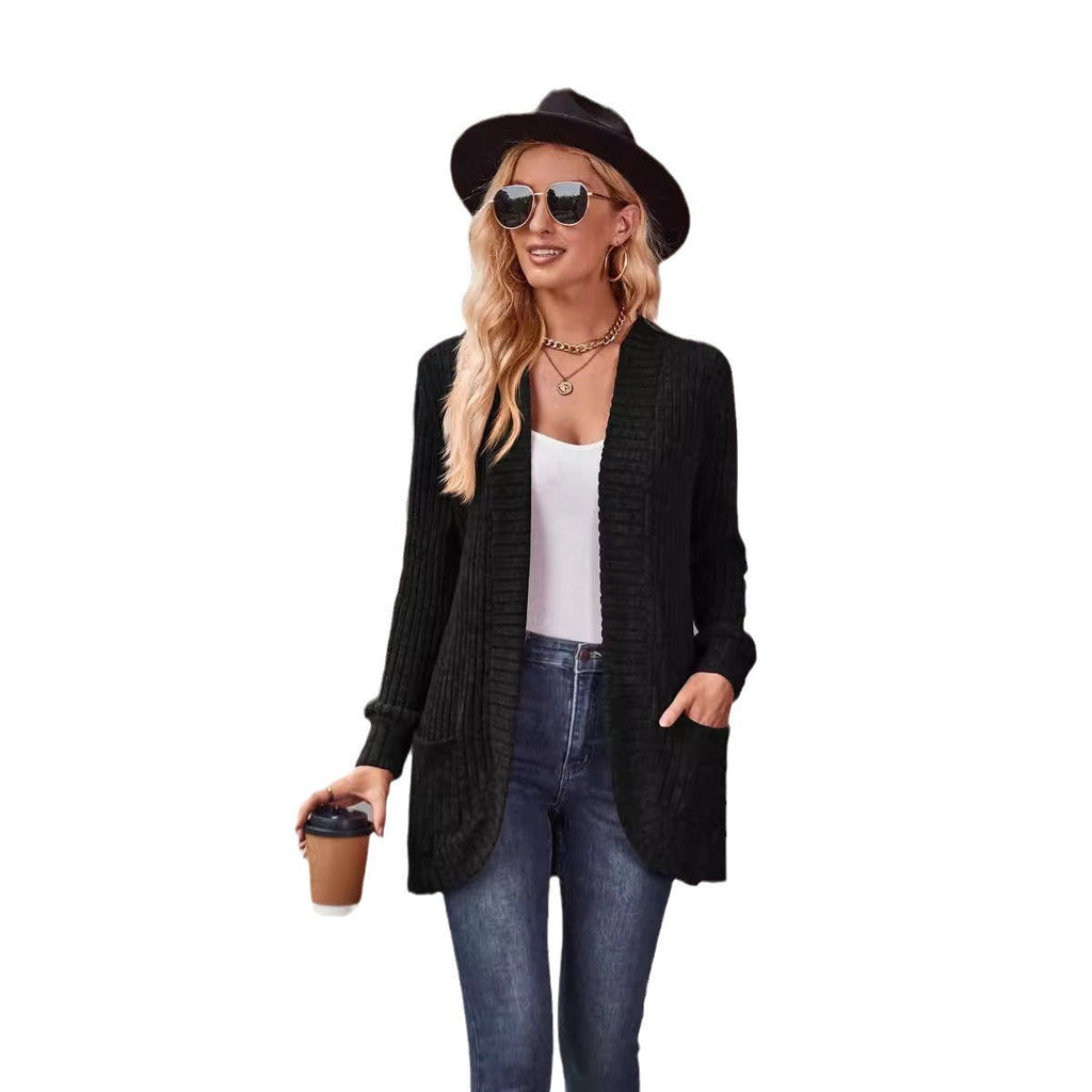 Damen nan langer gerippter Cardigan mit aufgesetzten Taschen und offener Front